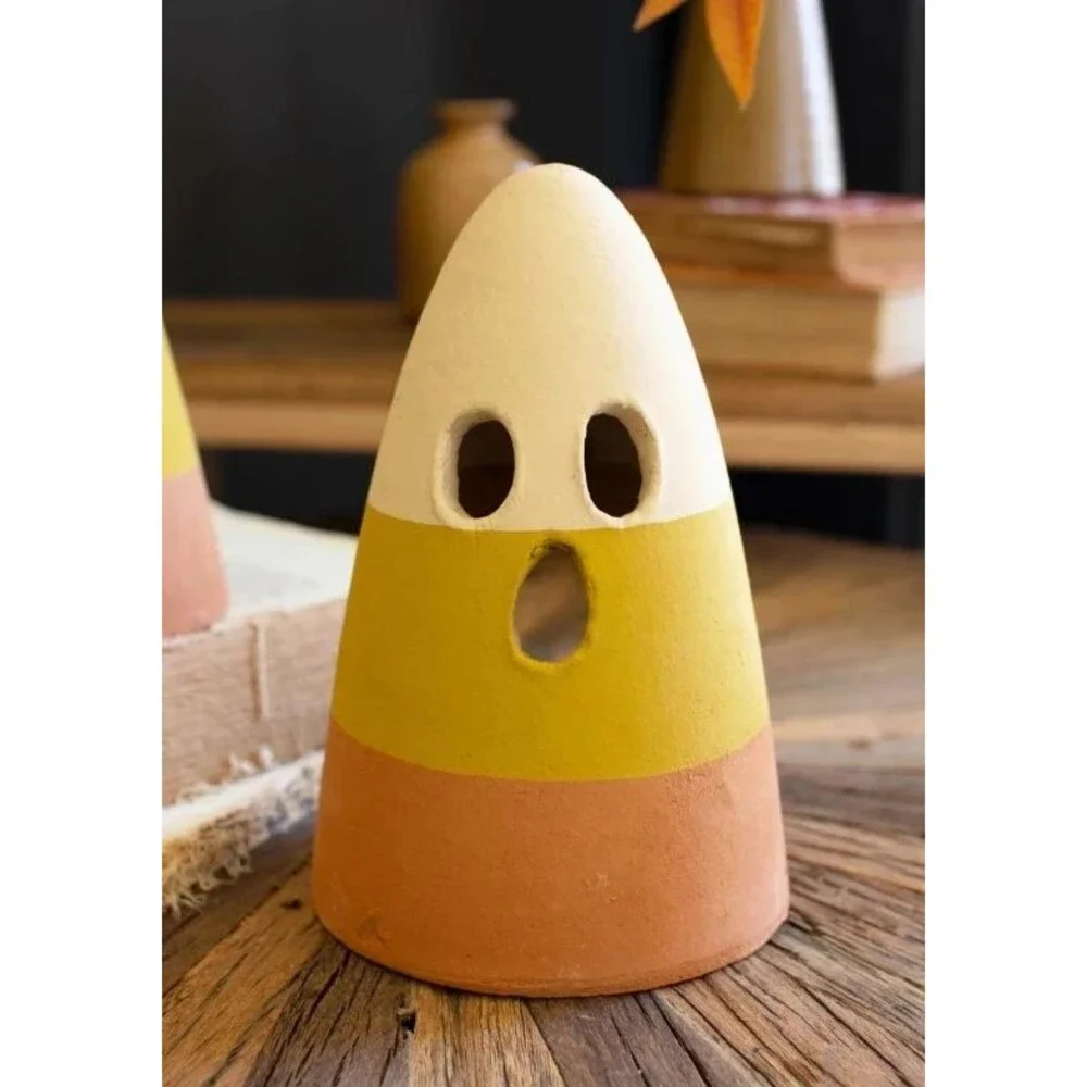 Terra Cotta Candy Corn Halloween Lanterns – Set of 2 – 7” Tall